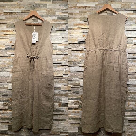 Cartoon 100% Linen Midi Dress 42, US 10 12 L | Minimalist, Pockets, Khaki NWT - Picture 3 of 8